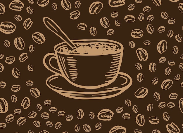 コーヒーカップと豆の手描きスタイル