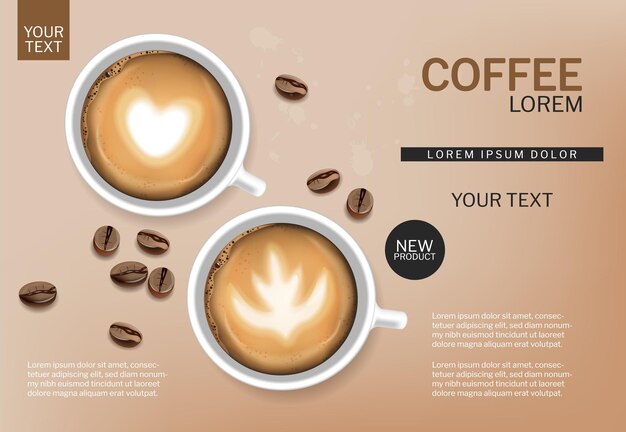 Coffee cup and beans vector realistic. White cups with foam. Product placment mock ups