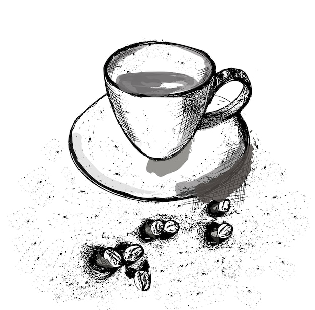 コーヒー カップと豆のヴィンテージ レトロなスタイルのベクトル
