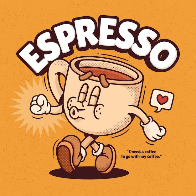 コーヒー カップのかわいいトレンディなレトロ漫画ベクトル手描き
