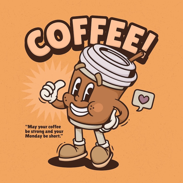 Coffee Cup Cute Trendy Retro Cartoon Vector Hand Drawn