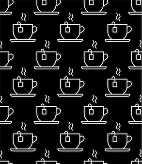 커피 컵 완벽 한 패턴입니다. 스케치 차와 커피 컵, 뜨거운 음료 다양한 머그 블랙 아웃라인, 카페테리아 벽지 조각 벡터 질감. 테이크 아웃 종이 컵, 커피 하우스 esp를 위한 디자인