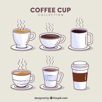 Coffee cup set of six with steam Premium Vector