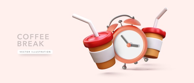 Coffee cup with alarm clock in realistic style Vector illustration