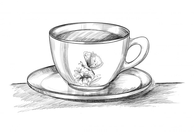 Чашка кофе с тарелкой рука рисовать эскиз дизайна