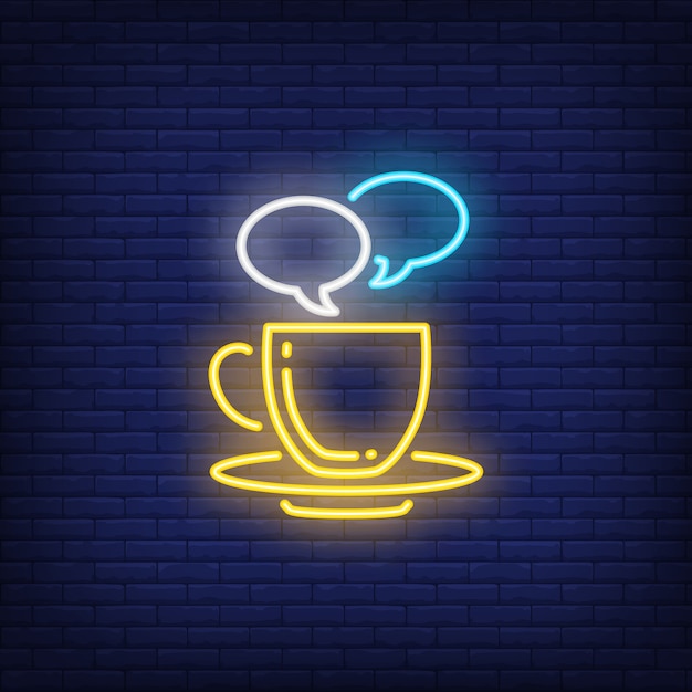 Free vector coffee cup with speech bubbles neon sign