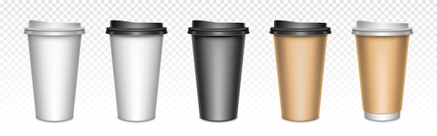 Coffee cups with closed lids, packaging. Blank plastic or paper mugs for hot drinks, street take away cafe utensil for beverages.