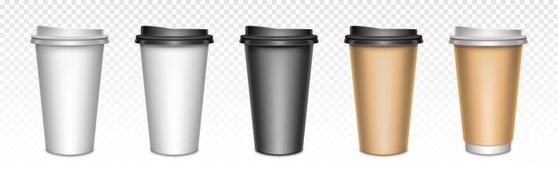 뚜껑이 닫힌 커피 컵, 포장. 뜨거운 음료를위한 빈 플라스틱 또는 종이 머그잔, 거리는 음료를위한 카페기구를 제거합니다.