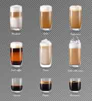 Vettore gratuito set realistico trasparente per bevande al caffè con illustrazione vettoriale isolata di latte e frappe