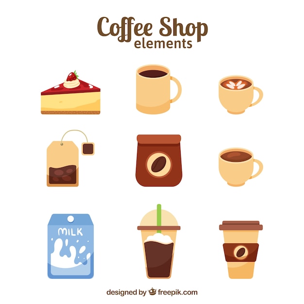 Бесплатное векторное изображение Кофейные элементы в плоском исполнении