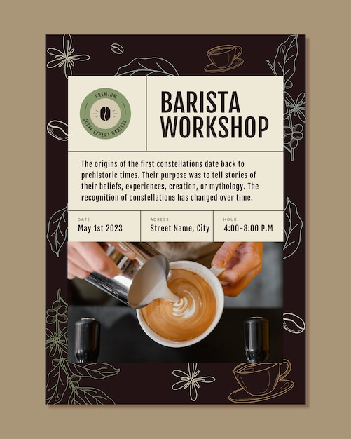 Бесплатное векторное изображение Флаер для бариста-эксперта по кофе