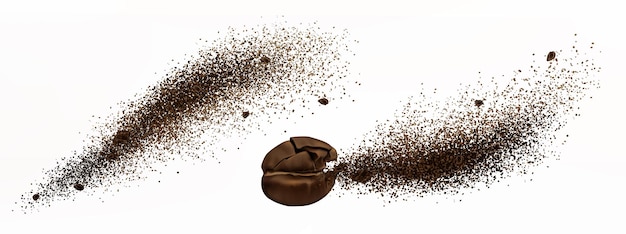 コーヒーの爆発、リアルなひびの入った豆、茶色の粒子が飛び散る粉砕粉末