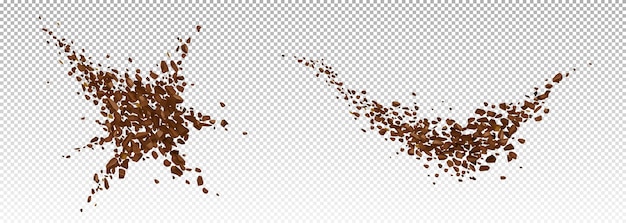 無料ベクター コーヒーの爆発、茶色の粒子のスプラッシュ、飛んでいる顆粒、分離された飲料やカフェのデザイン要素、3dベクトル図でリアルな挽いた豆の粉末バースト