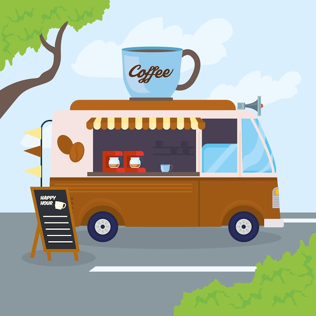 Free vector coffee food truck card on a parking