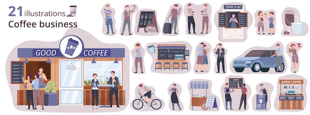 Кофе с собой набор композиций с бизнес-символами плоская изолированная векторная иллюстрация