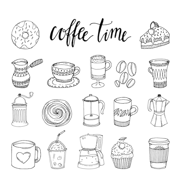 Coffee hand drawn monochrome elements set