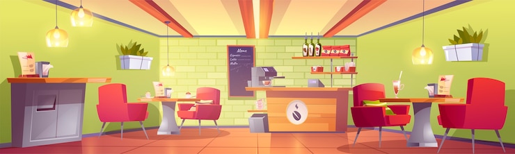 Free Vector coffee house or cafe interior with cashier desk, machine, chalkboard menu, shelf with roasted beans packs, tables and armchairs, litter bin. empty cafeteria, food court. cartoon vector illustration