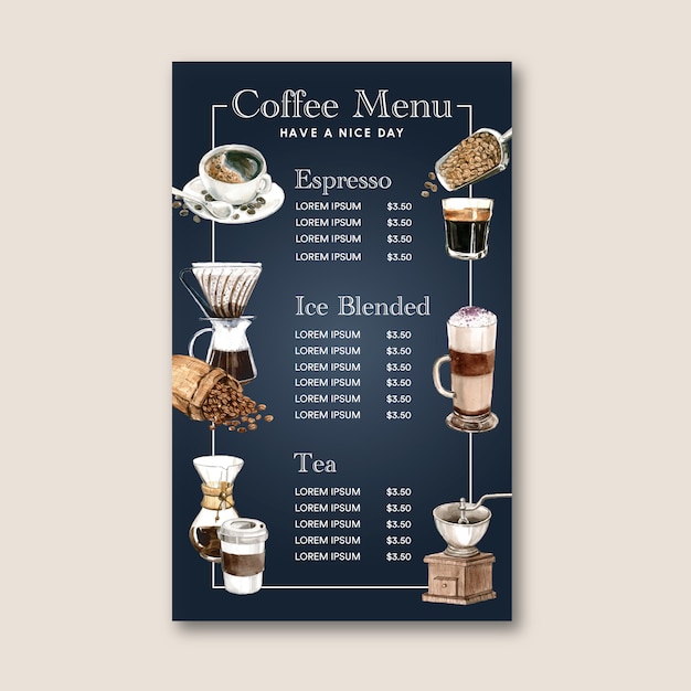 кофеен меню американо, капучино, эспрессо меню, инфографика, акварель иллюстрации