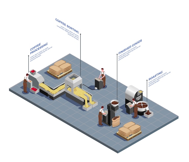 Coffee industry concept isometric composition of beans processing sorting illustration