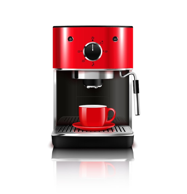 Free Vector coffee machine realistic composition with stylish red model for brewing hot drinks with cup and reflection vector illustration