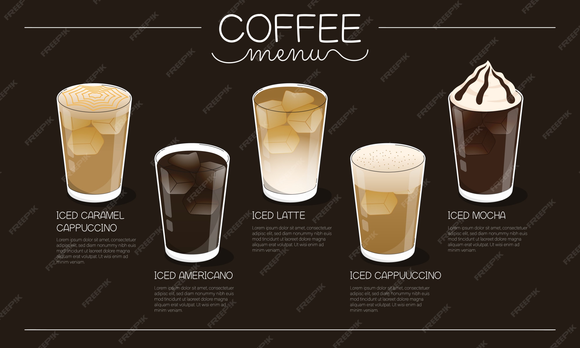 暗い背景にさまざまなアイスコーヒードリンクタイプのコーヒーメニューイラスト プレミアムベクター 暗い背景にさまざまなアイスコーヒードリンクタイプのコーヒーメニューイラスト プレミアムベクター