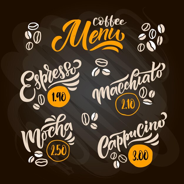 Coffee menu lettering coffee to go cup modern calligraphy coffee cappuccino espresso macchiato