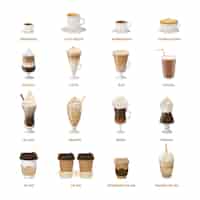 Free vector coffee menu set on white background all types of coffee drinks as latte raf and more