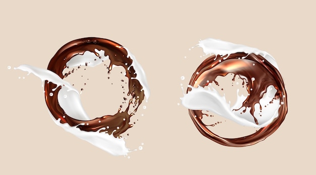 Coffee and milk splashes, chocolate and dairy mix, round whirl streams. White brown liquids swirls with splashing droplets, frames, dynamic element