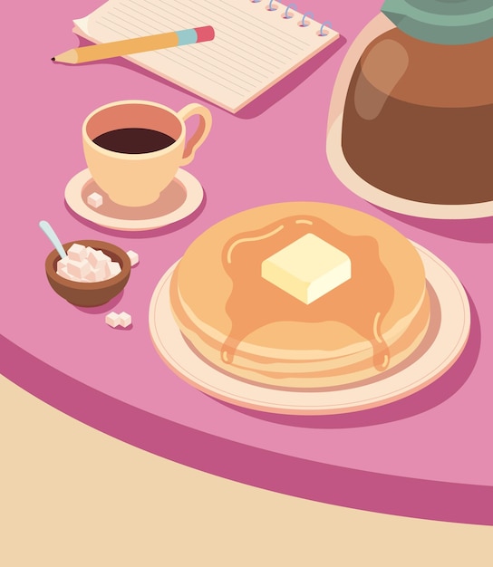 テーブルの上のコーヒーパンケーキとメモ帳