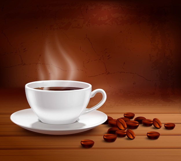 Бесплатное векторное изображение Кофейный плакат с реалистичной белой фарфоровой чашкой на текстурированном фоне