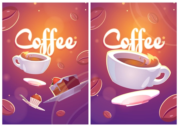 Кофейные плакаты с иллюстрацией чашки и сладостей
