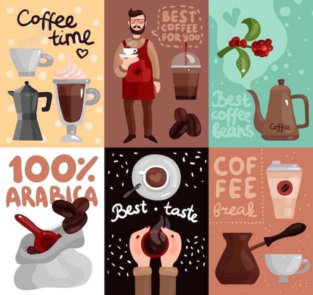 Coffee production cards with advertising of best coffee beans and taste