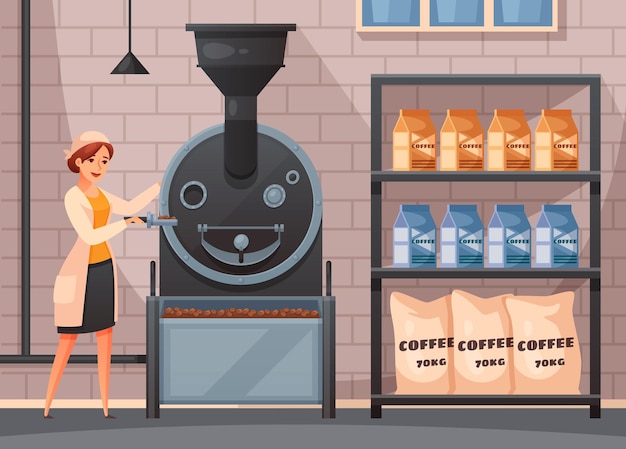 Coffee production  conveyor with packing and processing symbols cartoon  illustration,