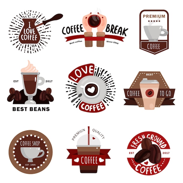 Free vector coffee production flat colored emblems badges and labels for coffee shop cafe and restaurant design isolated