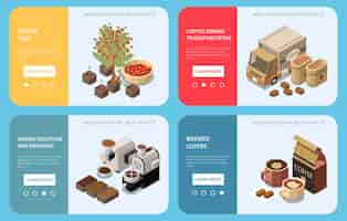 Free vector coffee production industry landing pages providing information about coffee tree grains roasting and grinding brewed coffee isometric vector illustration