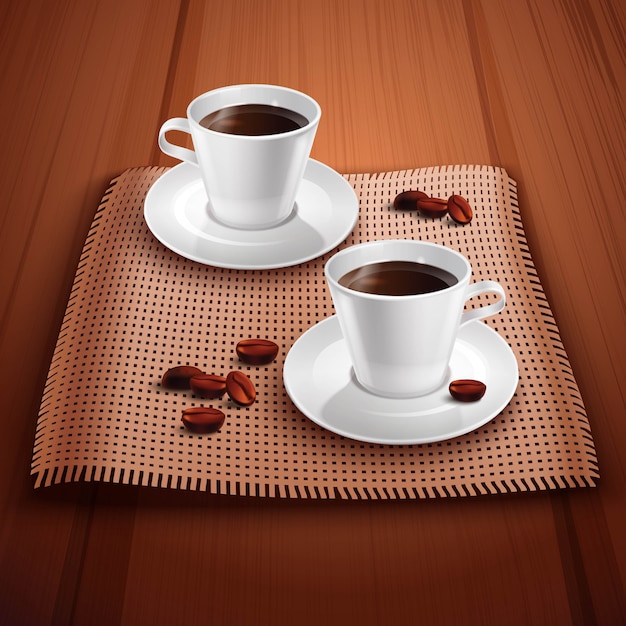 木製のテーブルの上の2つの磁器カップとコーヒーの現実的な背景