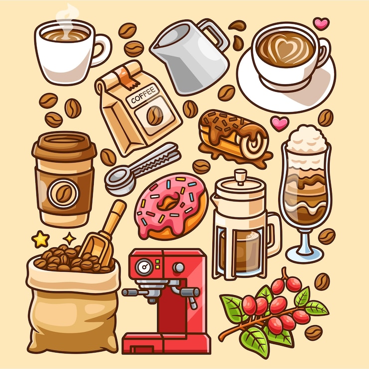 無料Vector コーヒーセット 漫画 ベクトル アイコン イラスト 飲み物 オブジェクト アイコン 孤立したフラットベクトル