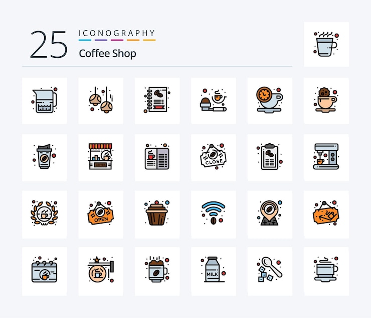 Free Vector coffee shop 25 line filled icon pack including break measuring spoon lights measurement shop
