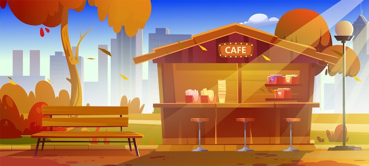 Free Vector coffee shop in autumn city park