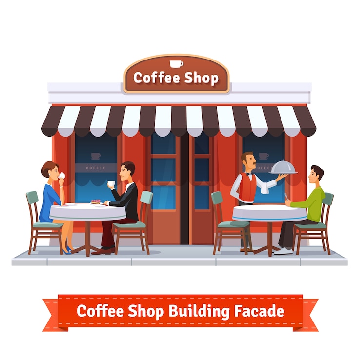 Free Vector coffee shop building facade with signboard