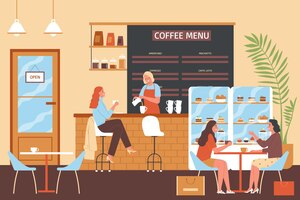 Coffee shop composition with indoor scenery cafe interior with seats and bar stand with human characters vector illustration