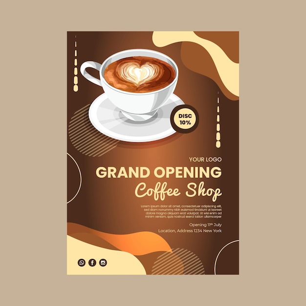 Vettore gratuito modello di poster di grande apertura della caffetteria