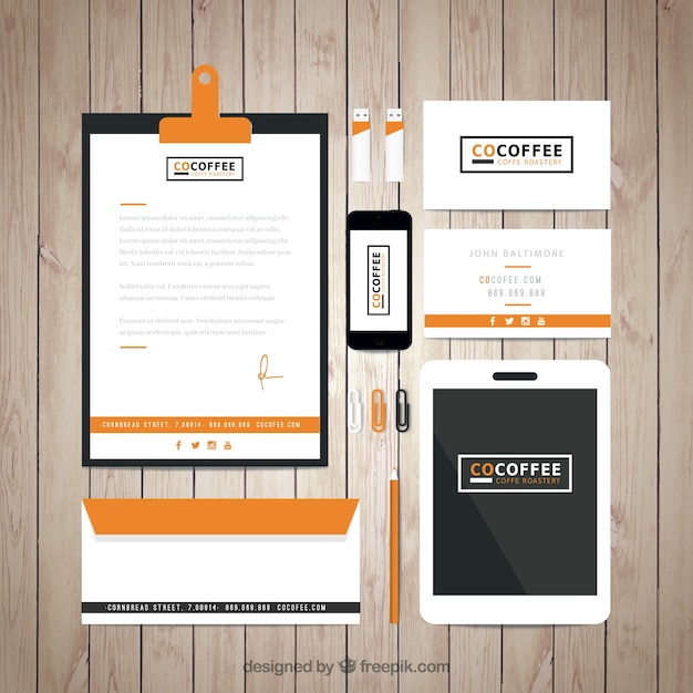Free vector coffee shop identity corporative in orange color