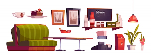 Free vector coffee shop interior with couch, wooden table, cashbox and cups on shelf