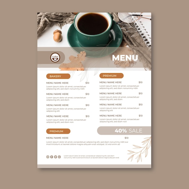 Vettore gratuito modello di menu della caffetteria