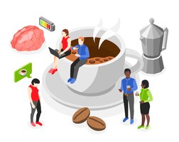 Изометрическая концепция времени кофе с маленькими офисными людьми, сидящими на большой векторной иллюстрации чашки кофе