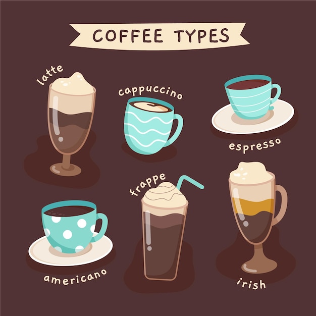 Vettore gratuito raccolta dell'illustrazione dei tipi di caffè