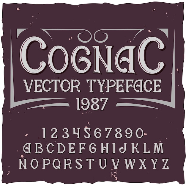 Vettore gratuito alfabeto cognac con cornice quadrata e carattere tipografico vintage con linee, cifre e lettere