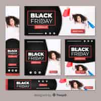 Free vector colección de banners web de rebajas de black friday con mujer comprando