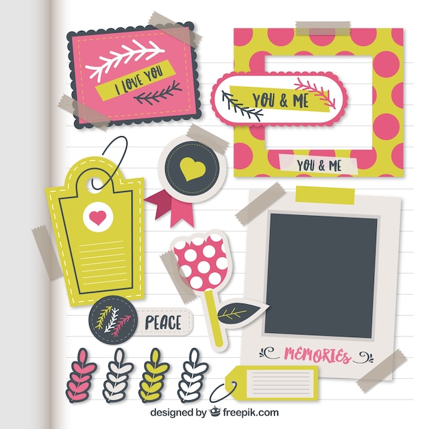 Vettore gratuito colecction di elementi scrapbooking in design piatto